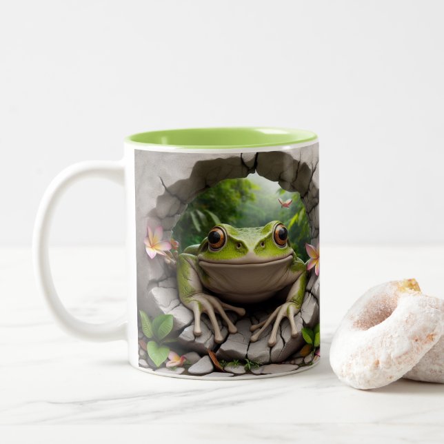3D Green Frog Hot Cocoa  Two-Tone Coffee Mug (With Donut)