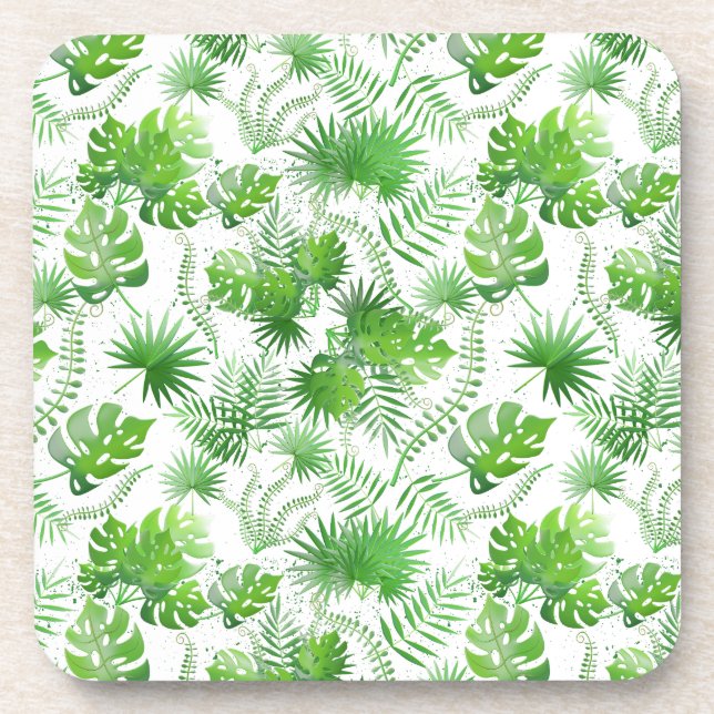 3D Green Leaves Pattern 01A Blue BG Beverage Coaster (Front)
