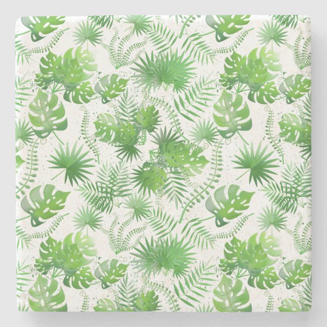 3D Green Leaves Pattern 01A Blue BG Stone Coaster (Front)