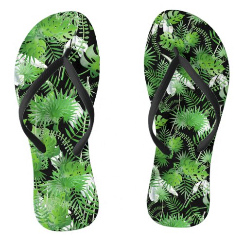 3D Green Leaves Pattern 01x4 Black BG Flip Flops