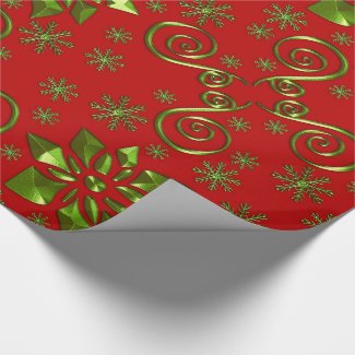 3D Green Snow flakes & doodles on Red Background gift wrapping paper