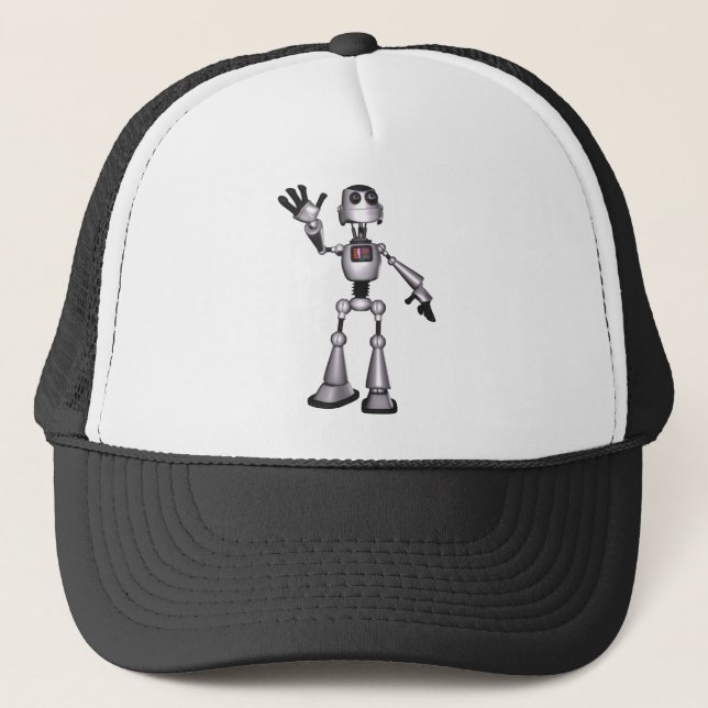 3D Halftone Sci-Fi Robot Guy Waving Trucker Hat (Front)
