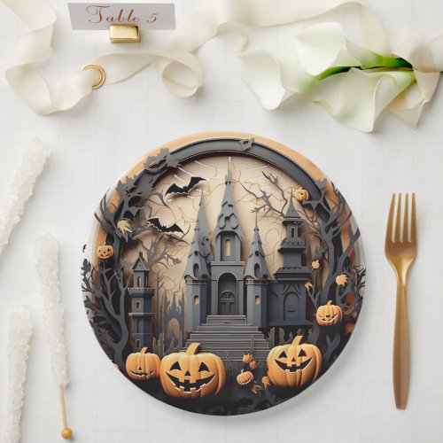 3d Halloween Pumpkin Haunted house Paper Plates