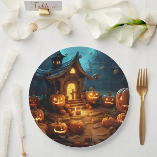 3d Halloween Pumpkin Haunted house Paper Plates