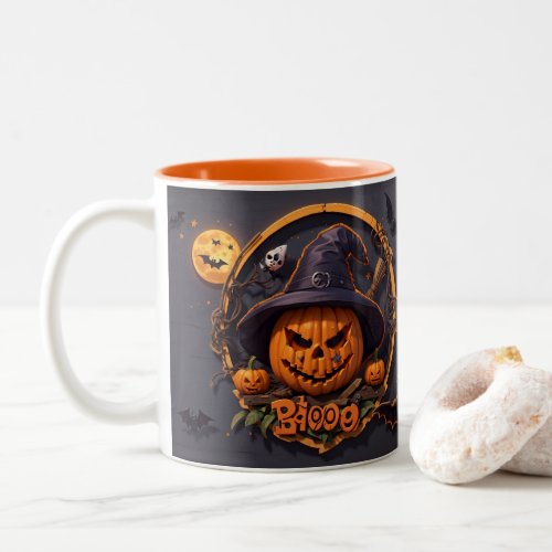 3D halloween with pumpkinboo skullwitchmoon Two_Tone Coffee Mug