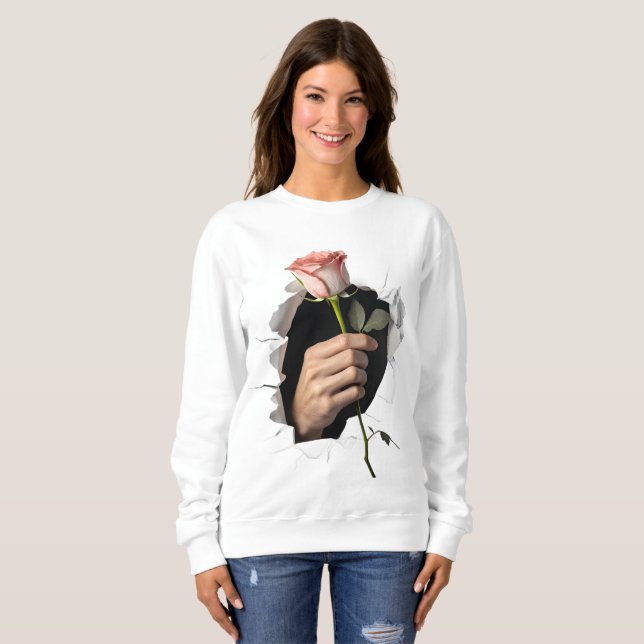 3D Hyper-Realistic Hand Offering a Rose  Sweatshirt (Front Full)