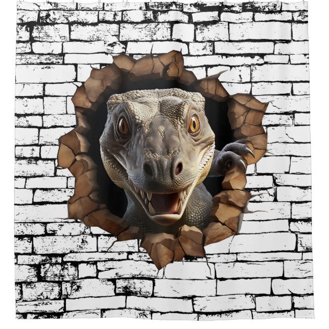 3D Iguana Wall Break Art – Realistic Safari Shower Curtain (Front)