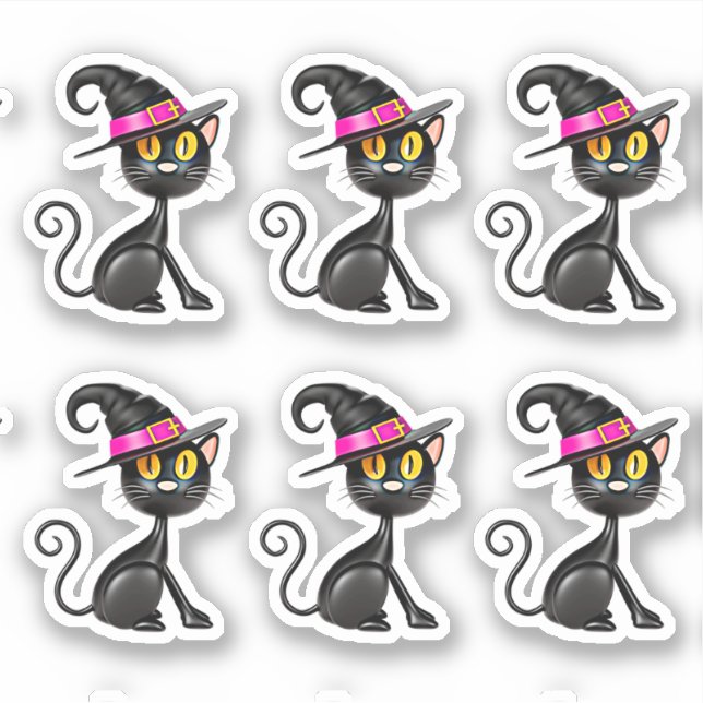 3D Illusion Black Cat with Purple Band Witch Hat   Sticker (Front)