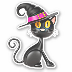 3D Illusion Black Cat with Purple Band Witch Hat Sticker