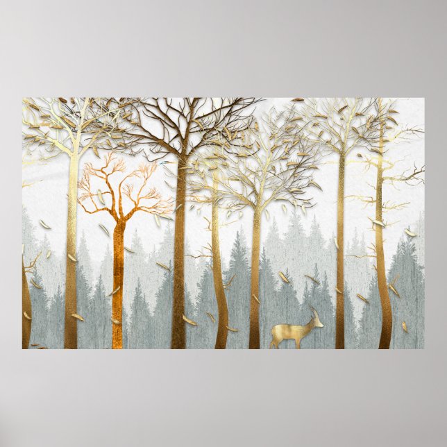 3d illustration, gray and gold contours of trees,  poster (Front)