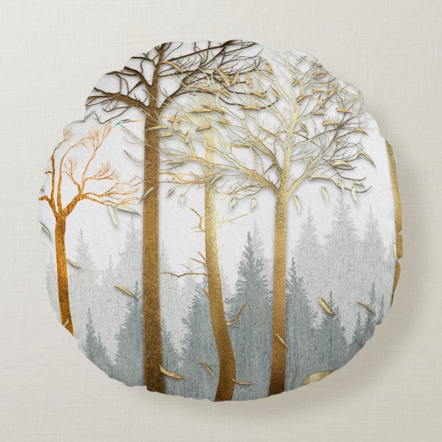 3d illustration, gray and gold contours of trees,  round pillow (Front)