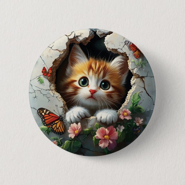 3D image of a cute little kitten peeking out  Button (Front)