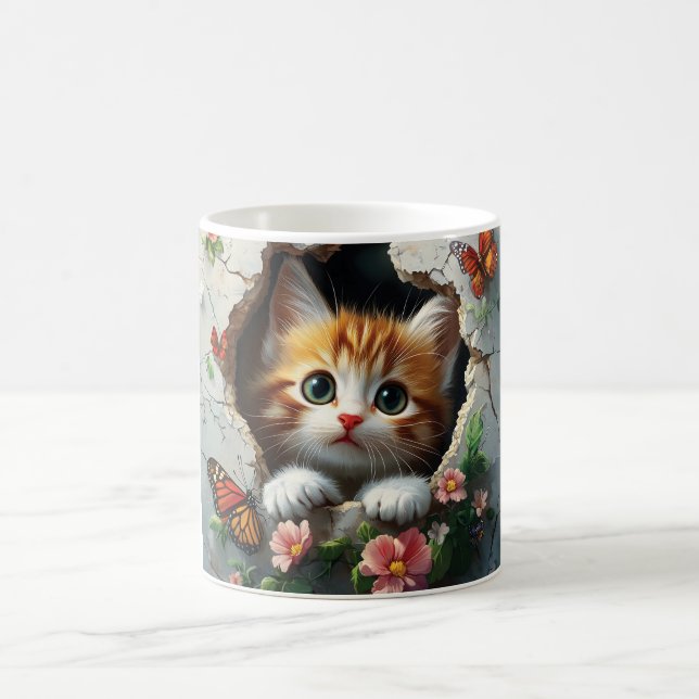 3D image of a cute little kitten peeking out  Coffee Mug (Center)