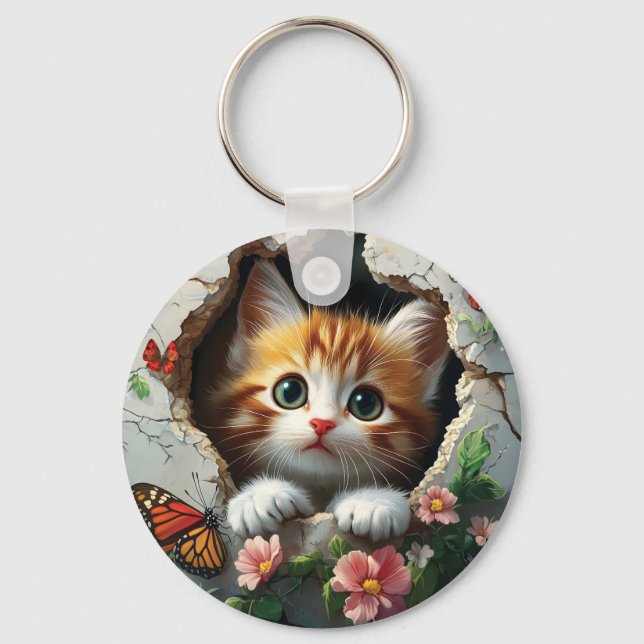 3D image of a cute little kitten peeking out  Keychain (Front)