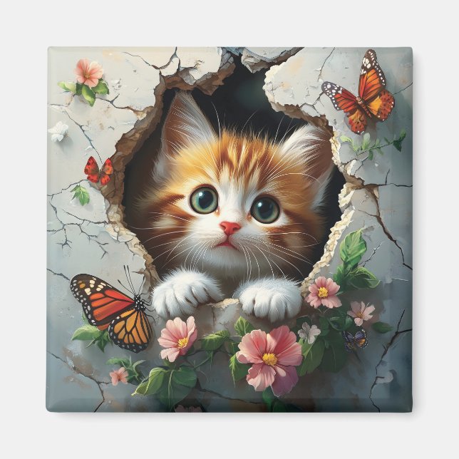 3D image of a cute little kitten peeking out  Magnet (Front)