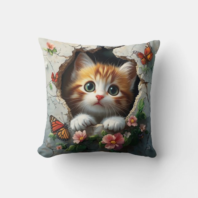 3D image of a cute little kitten peeking out  Throw Pillow (Front)