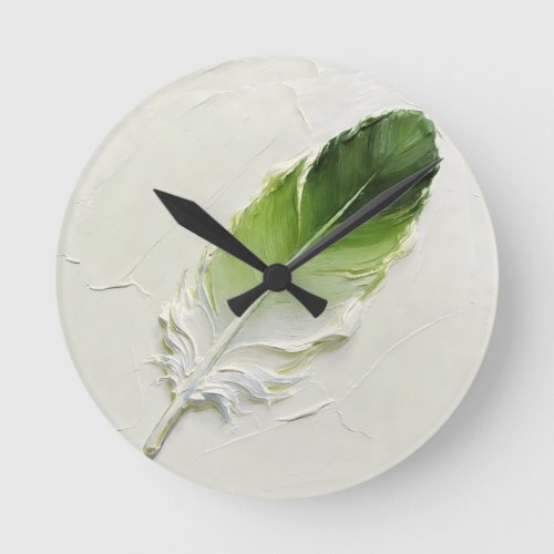 3D Impasto Texture Green Feather Elegant Modern⁠ Round Clock