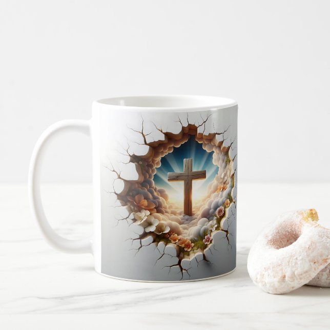 3D Jesus and Cross Hole Wall Cracked Coffee Mug (With Donut)