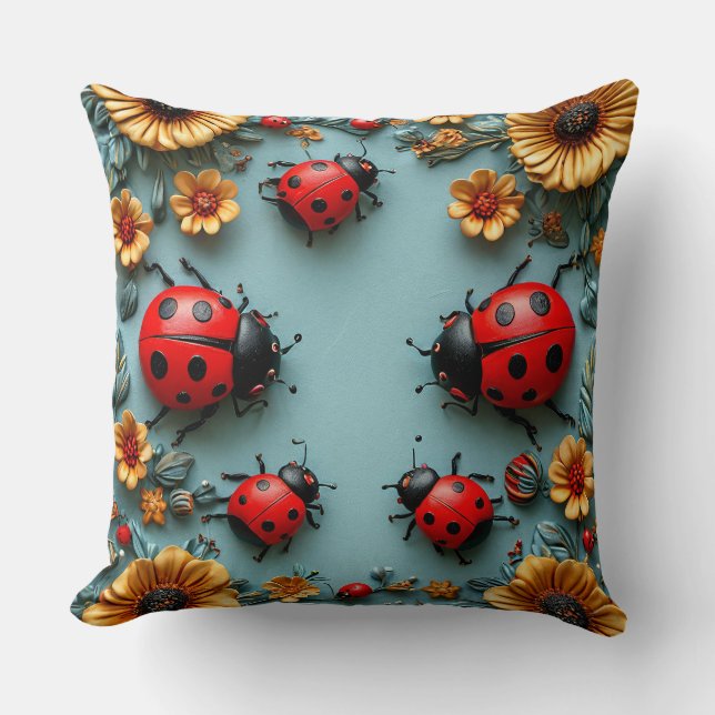 🐞🌈 3D Ladybugs Garden Pop Art Cozy Decor Gift ✨ Throw Pillow (Front)