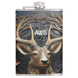 3d Large Antler Buck Deer Monogram Rustic Flask