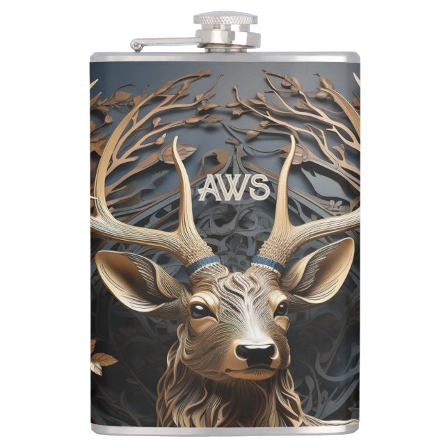 3d Large Antler Buck Deer Monogram Rustic Flask (Front)