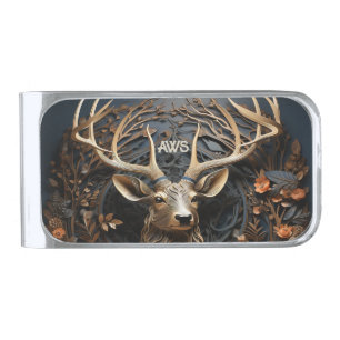 3d Large Antler Buck Deer Monogram Rustic Silver Finish Money Clip