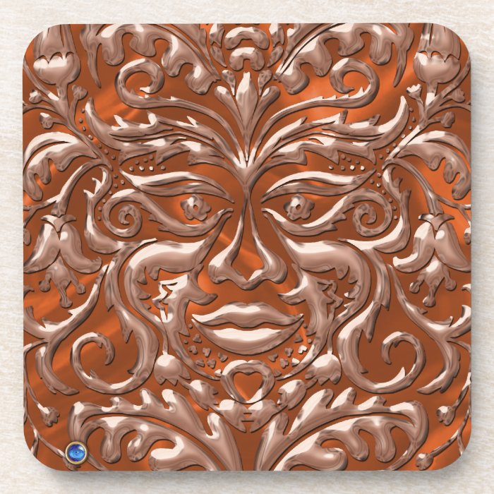 3D Liquid Copper GreenMan Damask on orange Satin Beverage Coasters