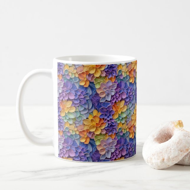 3D Looking Printed Colorful Flowers Coffee Mug (With Donut)