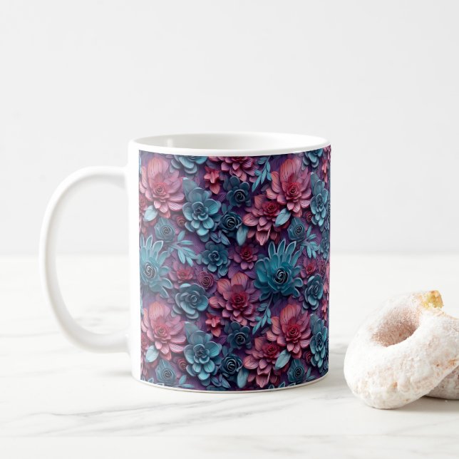 3D Looking Printed Colorful Flowers Coffee Mug (With Donut)