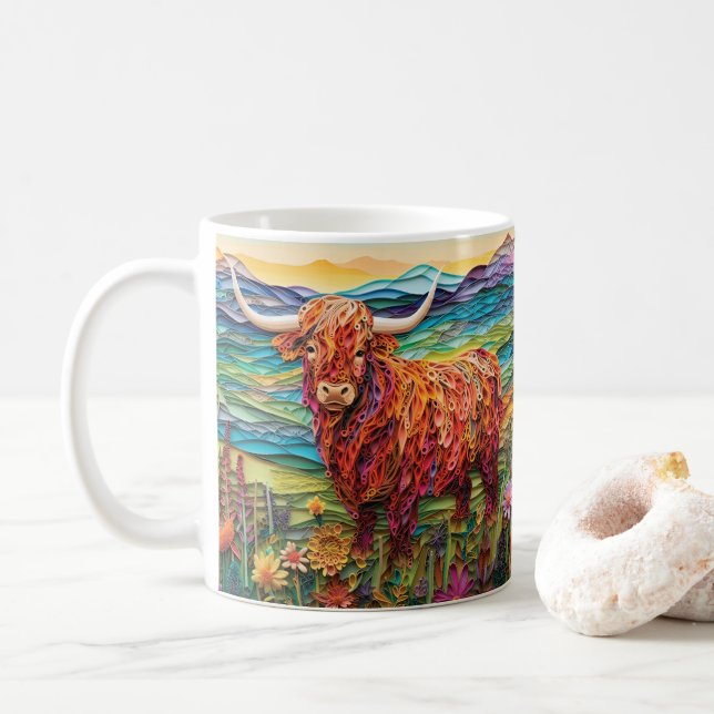 3D Looking Printed Highland Steer Coffee Mug (With Donut)