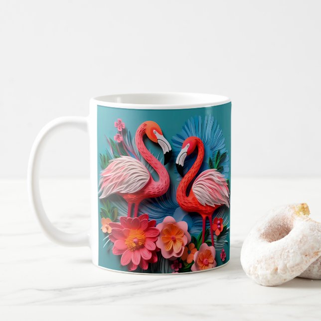 3D Looking Printed Pink Flamingos Coffee Mug (With Donut)