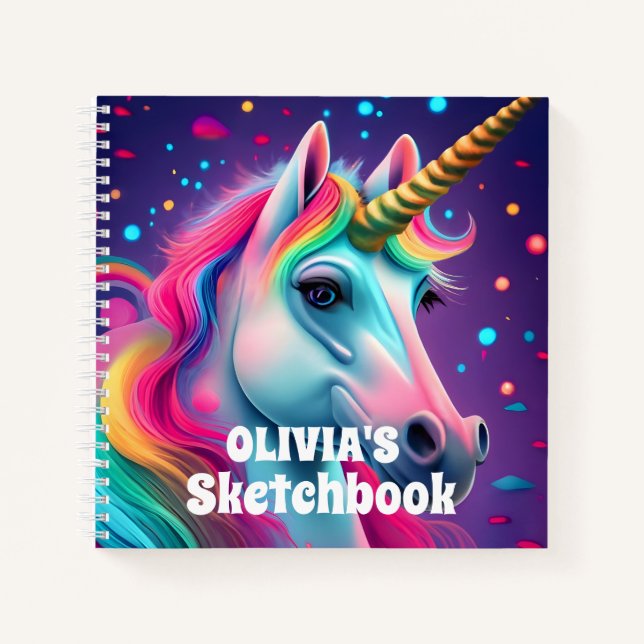3D Magical Unicorn Personalized Kids Sketchbook Notebook (Front)