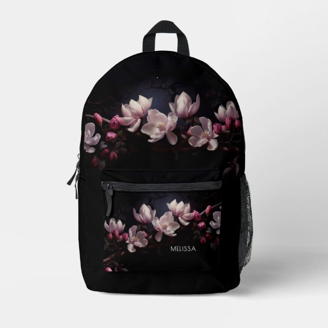 3D Magnolia Black Background Printed Backpack (Front)