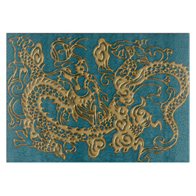 3D Metallic Dragons on Teal Leather Print Cutting Board (Front)