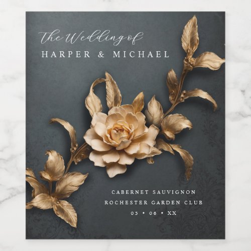 3d metallic flowers personalized wedding wine label