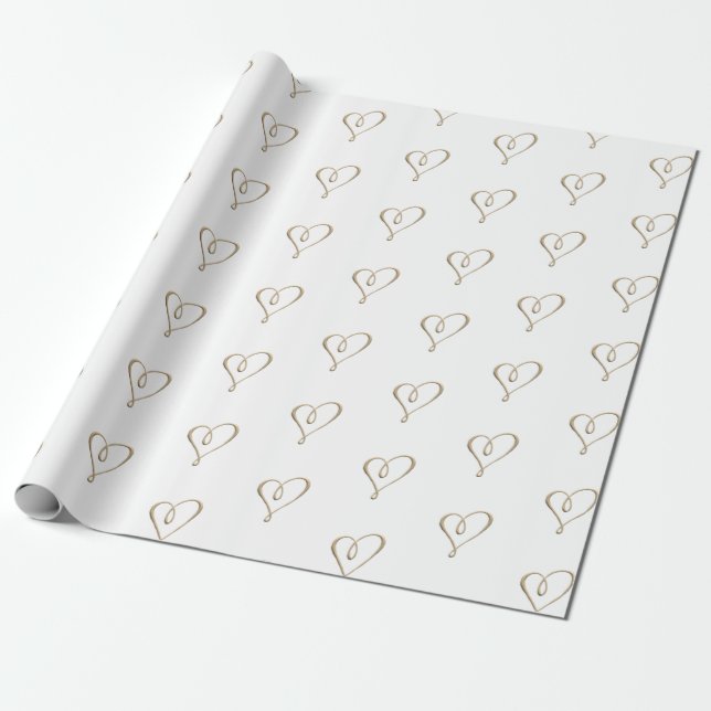 3D Metallic Gold Heart Swirl Wedding Anniversary Wrapping Paper (Unrolled)