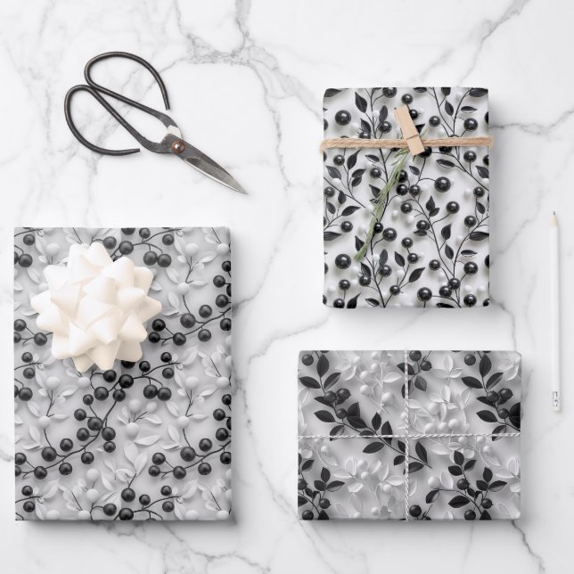 3D Mistletoe Pattern with Leaf Outlines Wrapping Paper Sheets (Front)