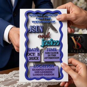 3D   Modern Blue Wavy Frame   Wedding Invitation