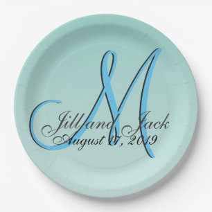 3d Monogram Green Mint Aqua Blue Paper Plates