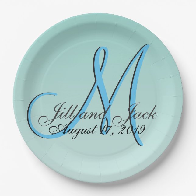 3d Monogram Green Mint Aqua Blue Paper Plates (Front)