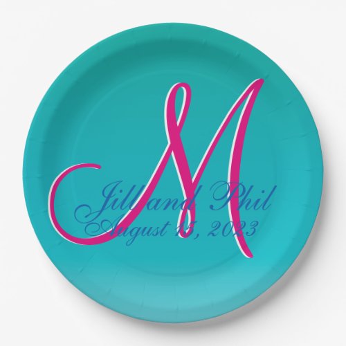 3d Monogram Turquoise Blue Paper Plates