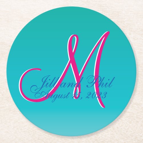 3d Monogram Turquoise Round Paper Coaster