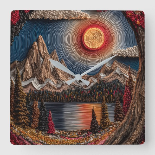3D Mountain Landscape Wall  Square Wall Clock (Front)