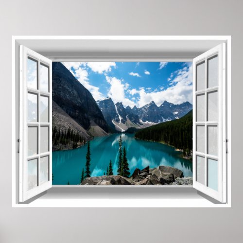 3D Mountains and Lake Landscape Fake Window View Poster