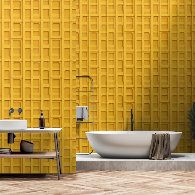 3D Mustard Grid Box Panels -Peel & Stick  Wallpaper (Bathroom)