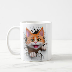 3d Orange And White Tabby Cat Breaks Through wall Coffee Mug