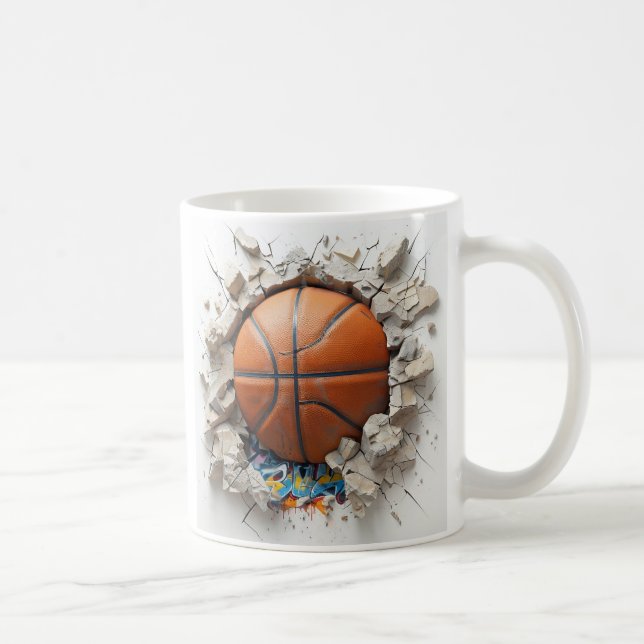 3D Orange Basketball appear through breaking wall Coffee Mug (Right)