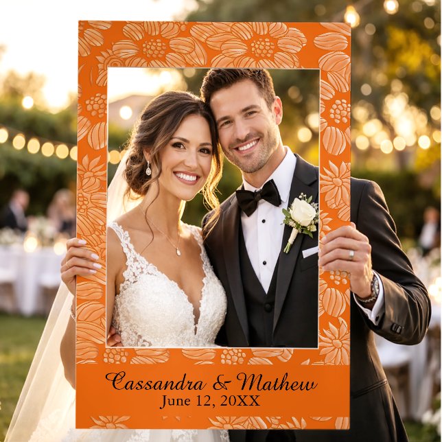 3D Orange Daisies Personalized Wedding Photo Op Selfie Frame (Wedding)