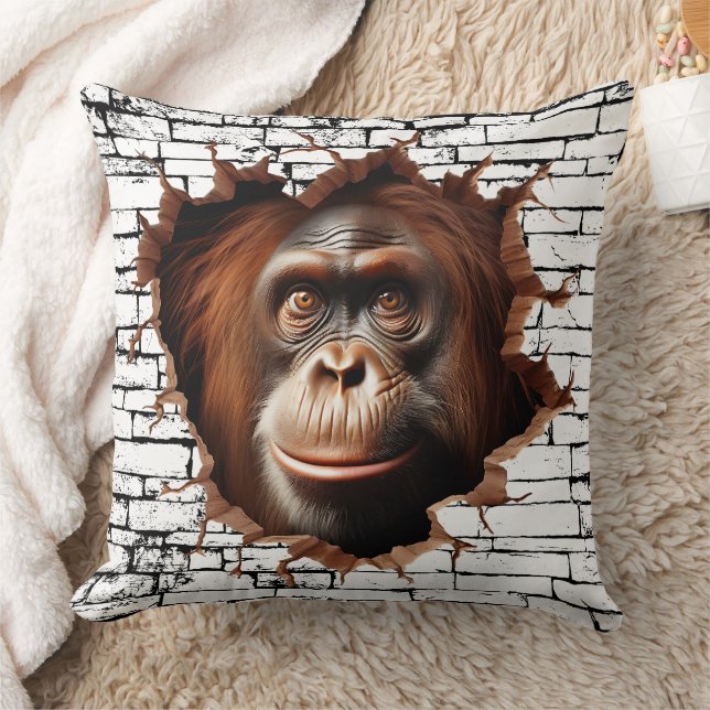 3D Orangutan Wall Break Art – Realistic Safari Throw Pillow (Blanket)