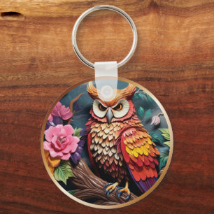 3D Owl with Flowers himsical Nature-Inspired Keychain